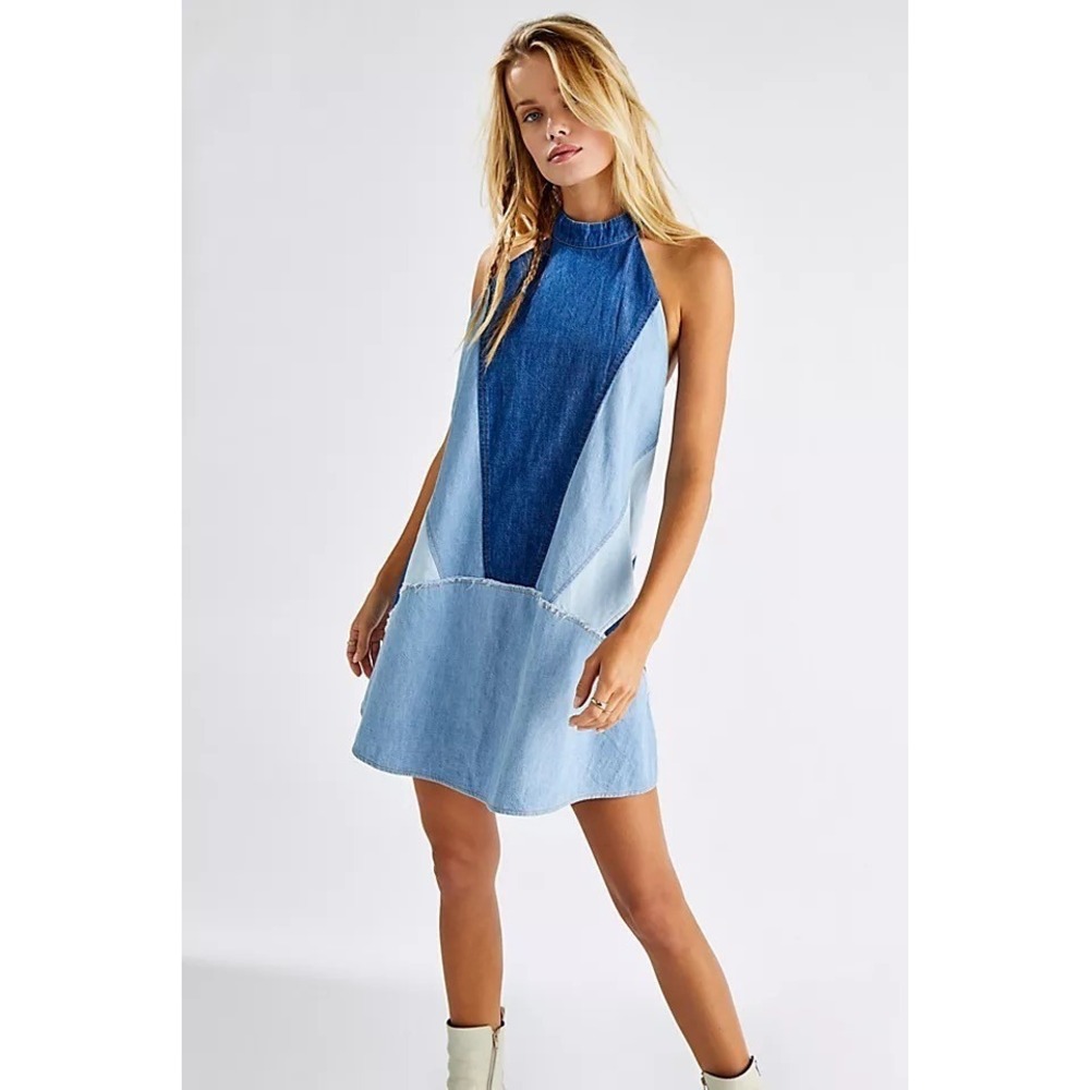 Free People Rising Sun Dress Womens S Medium Blue Halter Patchwork Denim